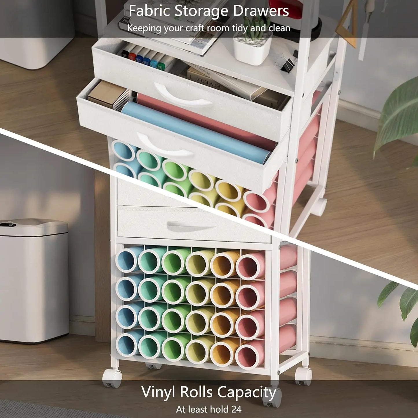 Craft Room Storage Cart with 24 Vinyl Roll Holders, Fabric Drawers, Tool Hooks for Cricut Machines - White Organizer Stand
