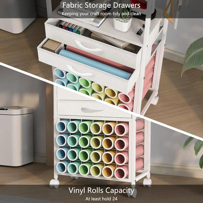 Craft Room Storage Cart with 24 Vinyl Roll Holders, Fabric Drawers, Tool Hooks for Cricut Machines - White Organizer Stand