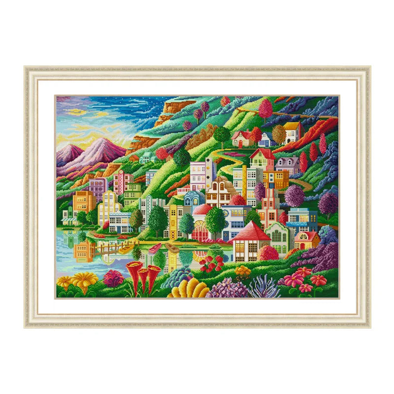 Town Printed Cross Stitch Kit 82x61cm DIY 14CT Egyptian Cotton Embroidery Craft
