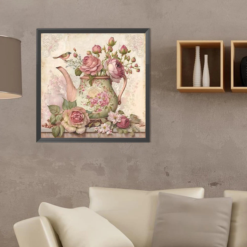 5D DIY Full Round Drill Diamond Painting Pink Flower Teapot Kit Decor 40x40cm