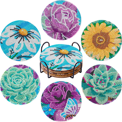 6Pcs DIY Diamond Painting Coasters Mandala Flowers 5D Full Drill Diamond Art Non Slip Coasters with Holder Ideal Christmas Gift