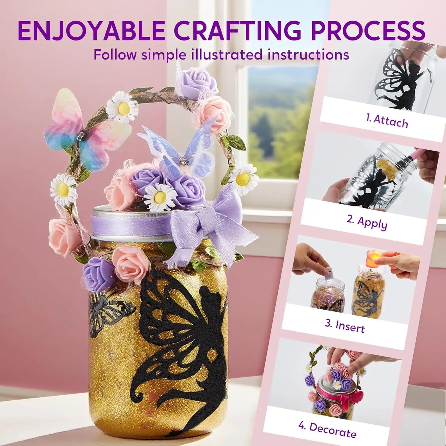 Joyfy DIY Fairy Lantern Craft Kit with Rose Lights and String Lights for Girls Age 8+ Gifts with 7 Color Fairy Potion Necklace