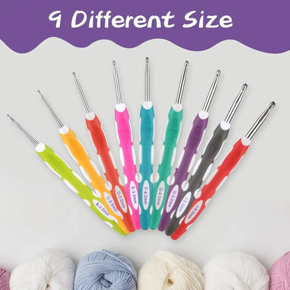 9-Piece TPR and ABS Crochet Hook Set with Ergonomic Handle for Comfortable Crafting