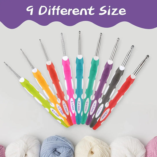 9-Piece TPR and ABS Crochet Hook Set with Ergonomic Handle for Comfortable Crafting