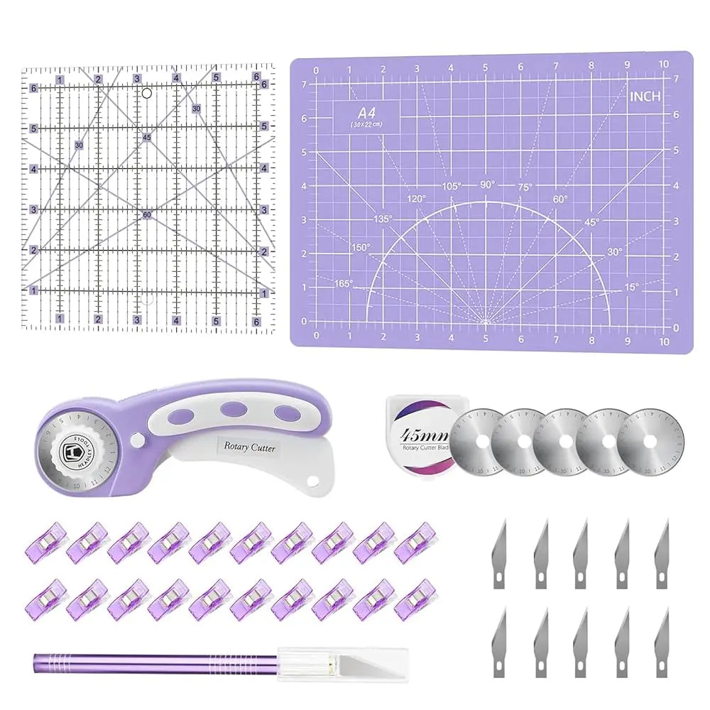 Rotary Cutter Set Pink- Quilting Kit incl. 45mm Fabric Cutter, 5 Replacement Blades, A1 Cutting Mat, Acrylic Quilting Ruler a
