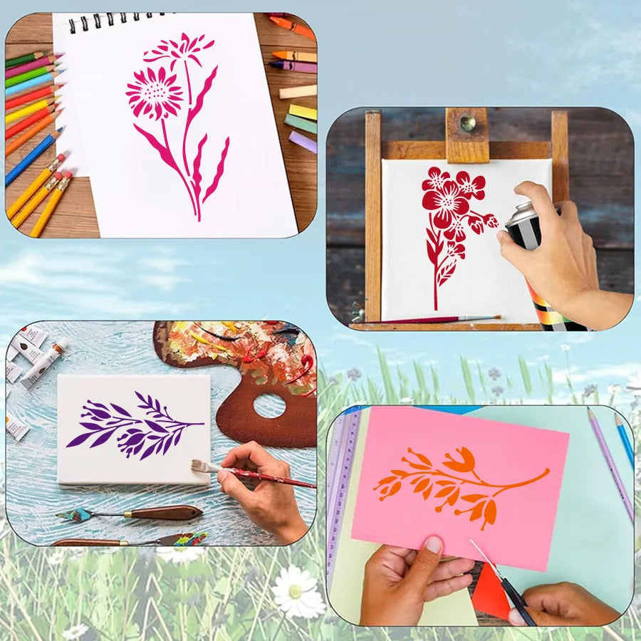 18 Pcs DIY Flower Painting Stencils, Reusable Plastic Templates for Wood, Fabric, Paper - Spray Paint & Graffiti Craft Supplie