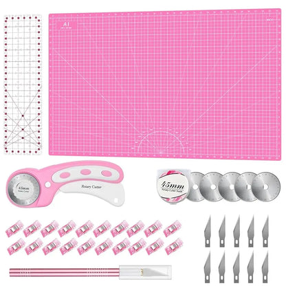 Rotary Cutter Set Pink- Quilting Kit incl. 45mm Fabric Cutter, 5 Replacement Blades, A1 Cutting Mat, Acrylic Quilting Ruler a