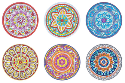 6Pcs DIY Diamond Painting Coasters Mandala Flowers 5D Full Drill Diamond Art Non Slip Coasters with Holder Ideal Christmas Gift