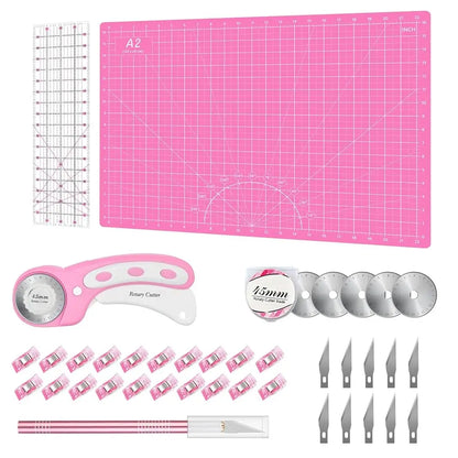 Rotary Cutter Set Pink- Quilting Kit incl. 45mm Fabric Cutter, 5 Replacement Blades, A1 Cutting Mat, Acrylic Quilting Ruler a