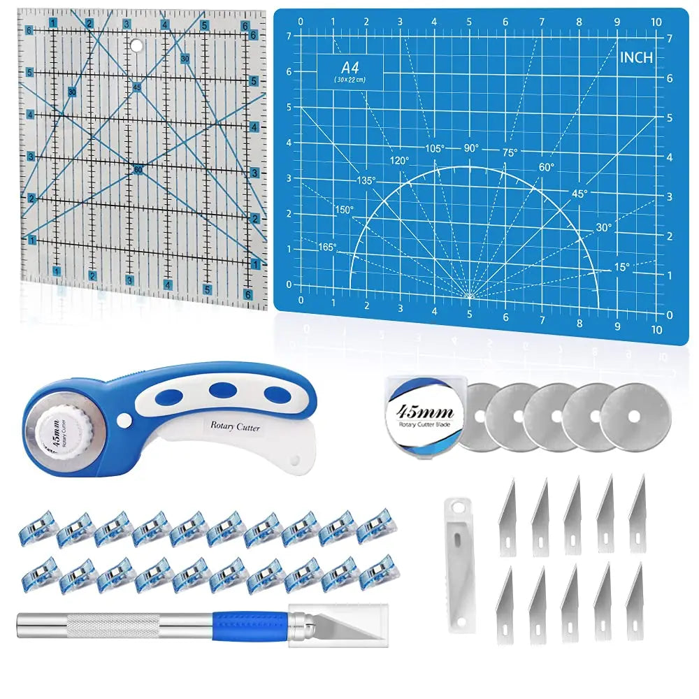 Rotary Cutter Set Pink- Quilting Kit incl. 45mm Fabric Cutter, 5 Replacement Blades, A1 Cutting Mat, Acrylic Quilting Ruler a
