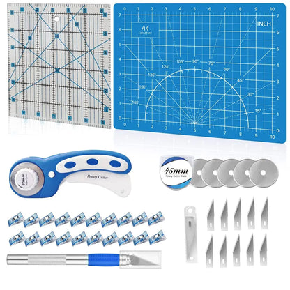 Rotary Cutter Set Pink- Quilting Kit incl. 45mm Fabric Cutter, 5 Replacement Blades, A1 Cutting Mat, Acrylic Quilting Ruler a