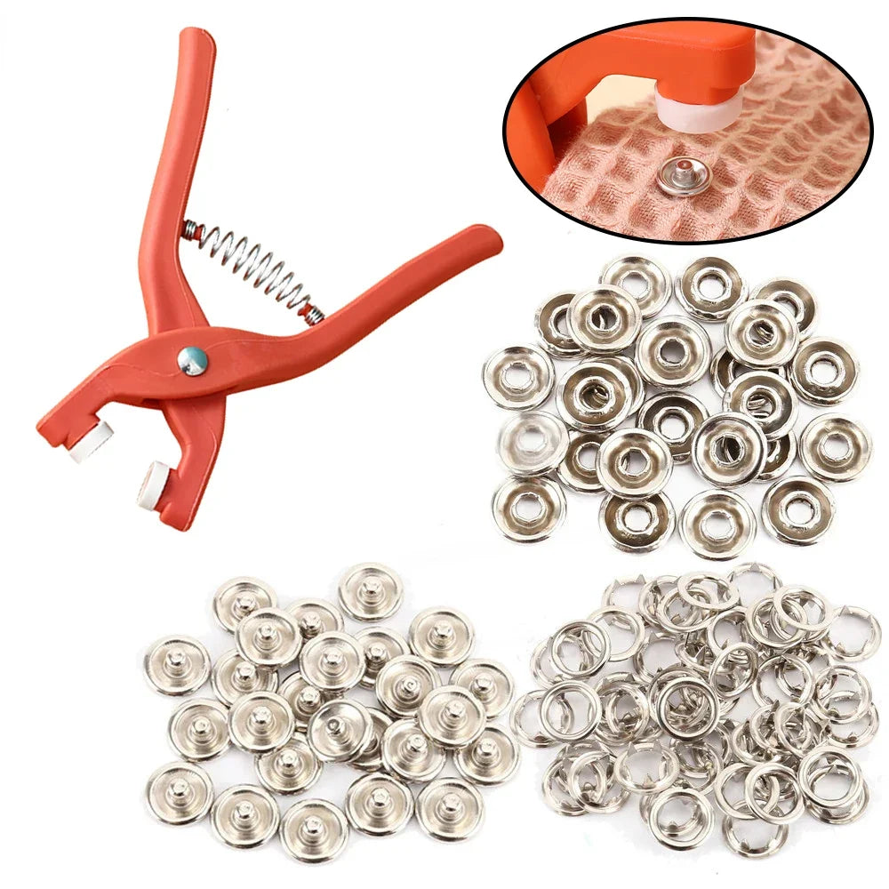 Plier Tool+50/100 Set Metal Sewing Buttons Hollow Solid Five-claw Buckle Metal Snap Buttons for Installing Clothes DIY Craft
