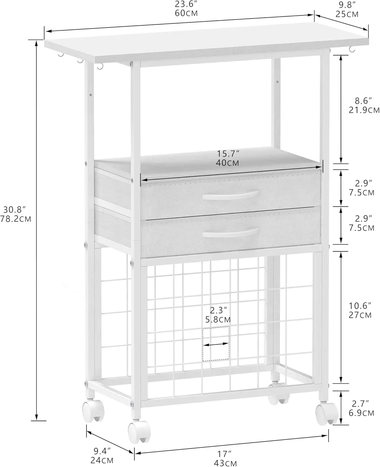 Craft Room Storage Cart with 24 Vinyl Roll Holders, Fabric Drawers, Tool Hooks for Cricut Machines - White Organizer Stand