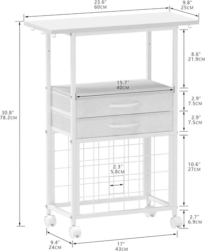 Craft Room Storage Cart with 24 Vinyl Roll Holders, Fabric Drawers, Tool Hooks for Cricut Machines - White Organizer Stand
