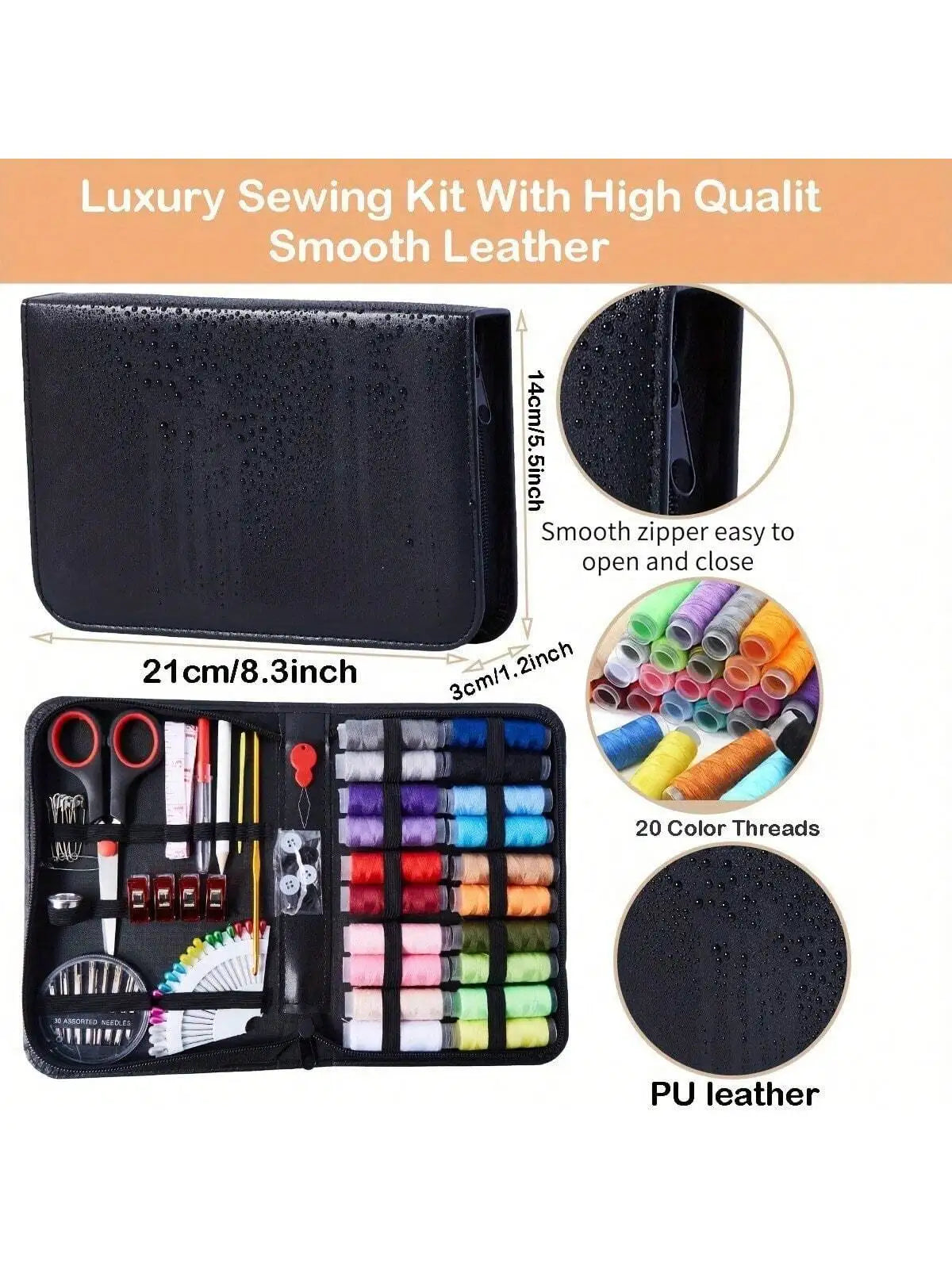 Large Portable Sewing Kit for Home, Complete Set. 20x14cm, with Threads, Needles, Scissors, Compact