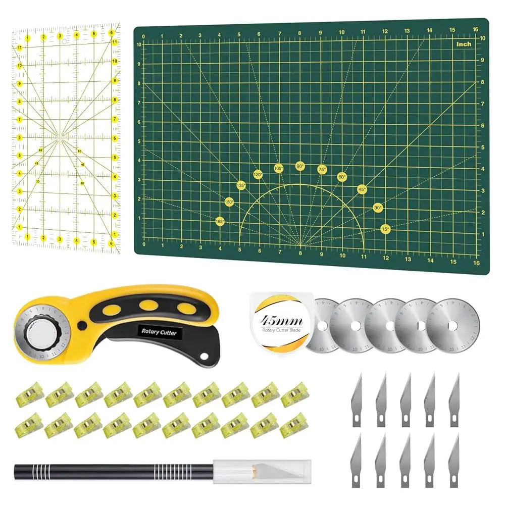 Rotary Cutter Set Pink- Quilting Kit incl. 45mm Fabric Cutter, 5 Replacement Blades, A1 Cutting Mat, Acrylic Quilting Ruler a