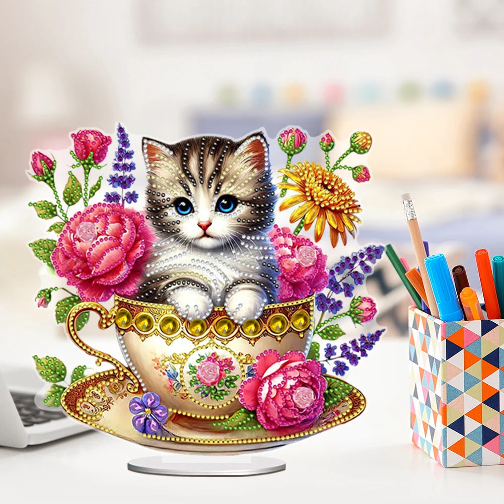 2D/Flat Teacup Cat DIY Diamond Painting Tabletop Ornaments Kit