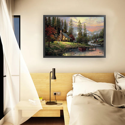 Full Embroidery Cotton Thread 18CT Printed Lakeside Hut Cross Stitch Kit 60x40cm