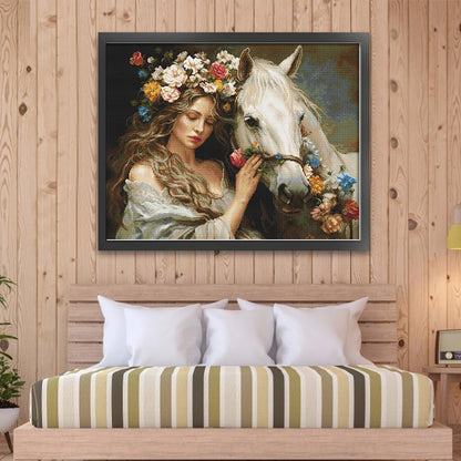 Full Embroidery cotton Thread 11CT Printed Girl Horse Cross Stitch 74x61cm