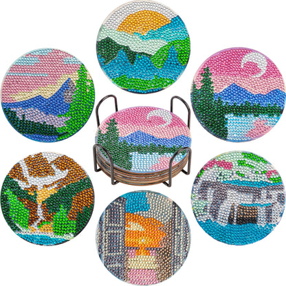 6Pcs DIY Diamond Painting Coasters Mandala Flowers 5D Full Drill Diamond Art Non Slip Coasters with Holder Ideal Christmas Gift