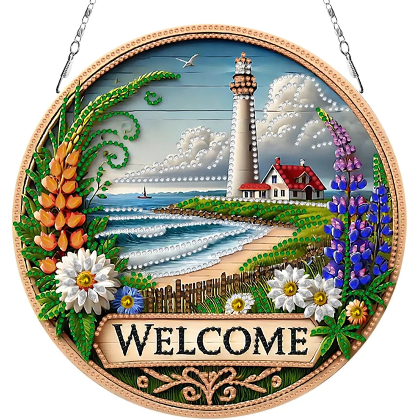 Lighthouse Welcome DIY 2D Flat Acrylic Diamond Painting Pendant Kit Home Decor 24x24cm