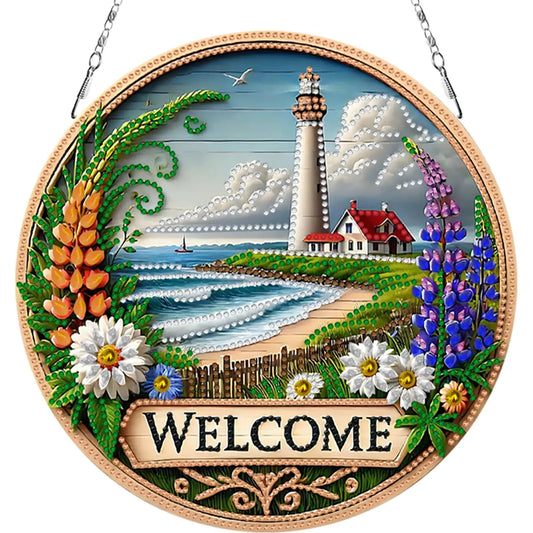 Lighthouse Welcome DIY 2D Flat Acrylic Diamond Painting Pendant Kit Home Decor 24x24cm