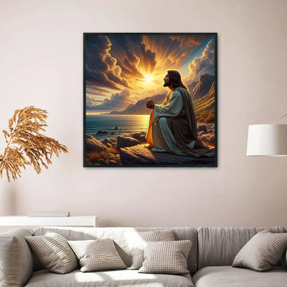 Jesus Christ Prayer Diamond Art Kit for Adults, Sunset Landscape DIY Round Full Drill Painting Home Decor 13.8x13.8in