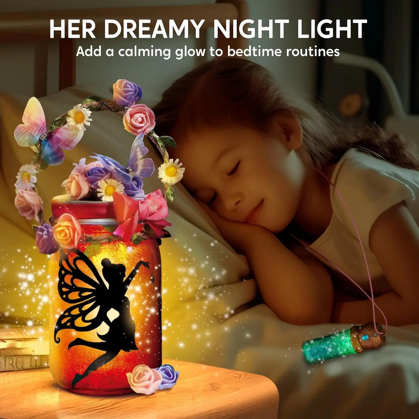 Joyfy DIY Fairy Lantern Craft Kit with Rose Lights and String Lights for Girls Age 8+ Gifts with 7 Color Fairy Potion Necklace
