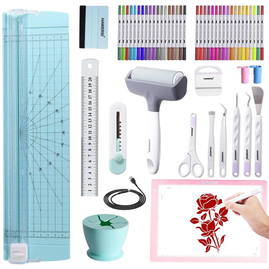 52Pcs Craft Tools Set for Cutting Machine, Vinyl Weeding, Paper Cutter, Light Pad & Accessories Bundle
