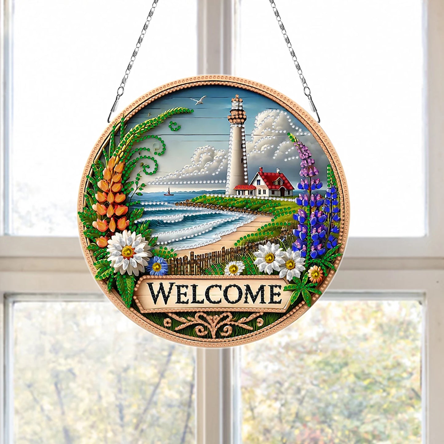 Lighthouse Welcome DIY 2D Flat Acrylic Diamond Painting Pendant Kit Home Decor 24x24cm