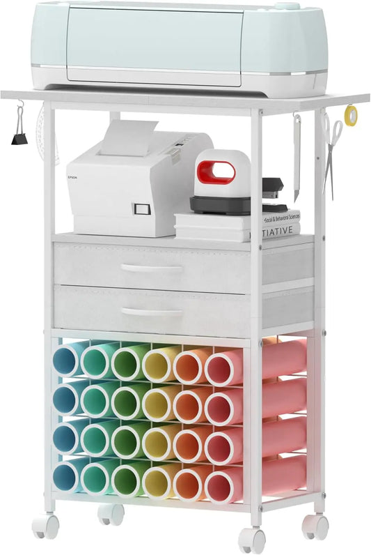 Craft Room Storage Cart with 24 Vinyl Roll Holders, Fabric Drawers, Tool Hooks for Cricut Machines - White Organizer Stand