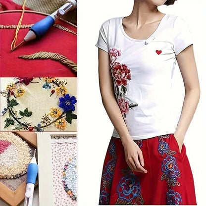 1PC Adjustable Magic Embroidery Pen Set with 3 Needles, Threader, Scissors, and Ergonomic Fabric Craft Design for DIY Sewing