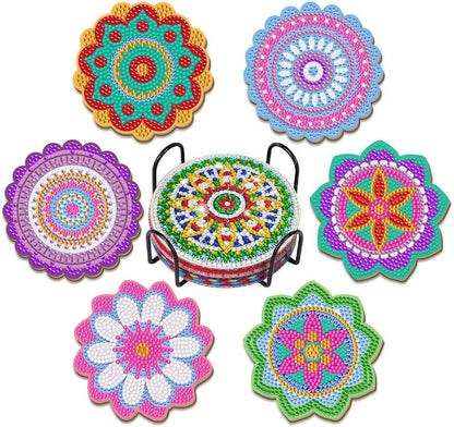 6Pcs DIY Diamond Painting Coasters Mandala Flowers 5D Full Drill Diamond Art Non Slip Coasters with Holder Ideal Christmas Gift