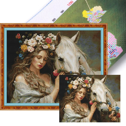 Full Embroidery cotton Thread 11CT Printed Girl Horse Cross Stitch 74x61cm