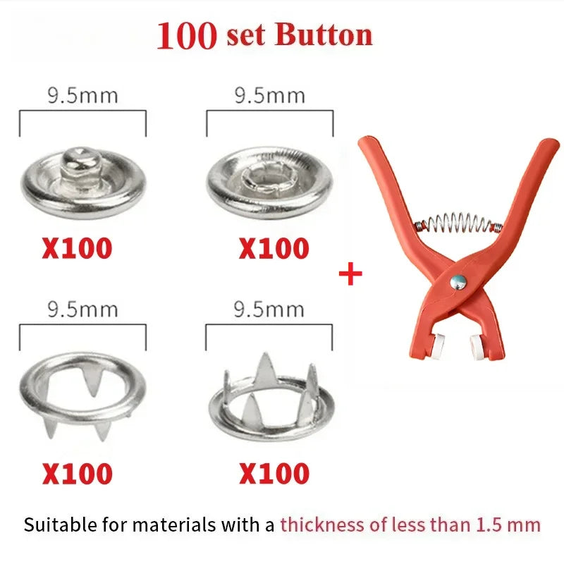 Plier Tool+50/100 Set Metal Sewing Buttons Hollow Solid Five-claw Buckle Metal Snap Buttons for Installing Clothes DIY Craft