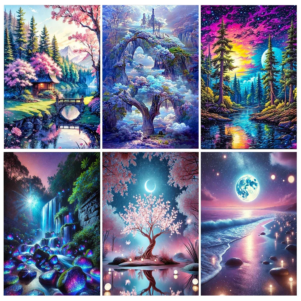 6 Kinds Patterns Diamond Painting Kits Full Round Diamond Painting Landscape Tree DIY 5D Diamond Art Craft Home Wall Decor Gift