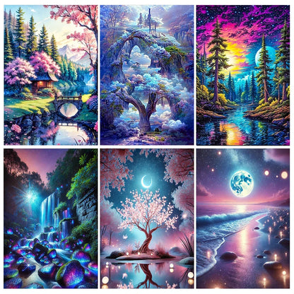 6 Kinds Patterns Diamond Painting Kits Full Round Diamond Painting Landscape Tree DIY 5D Diamond Art Craft Home Wall Decor Gift