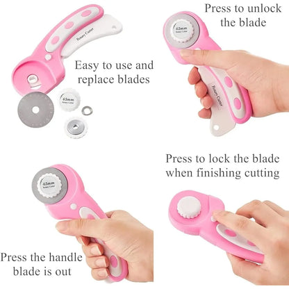 Rotary Cutter Set Pink- Quilting Kit incl. 45mm Fabric Cutter, 5 Replacement Blades, A1 Cutting Mat, Acrylic Quilting Ruler a