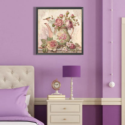 5D DIY Full Round Drill Diamond Painting Pink Flower Teapot Kit Decor 40x40cm