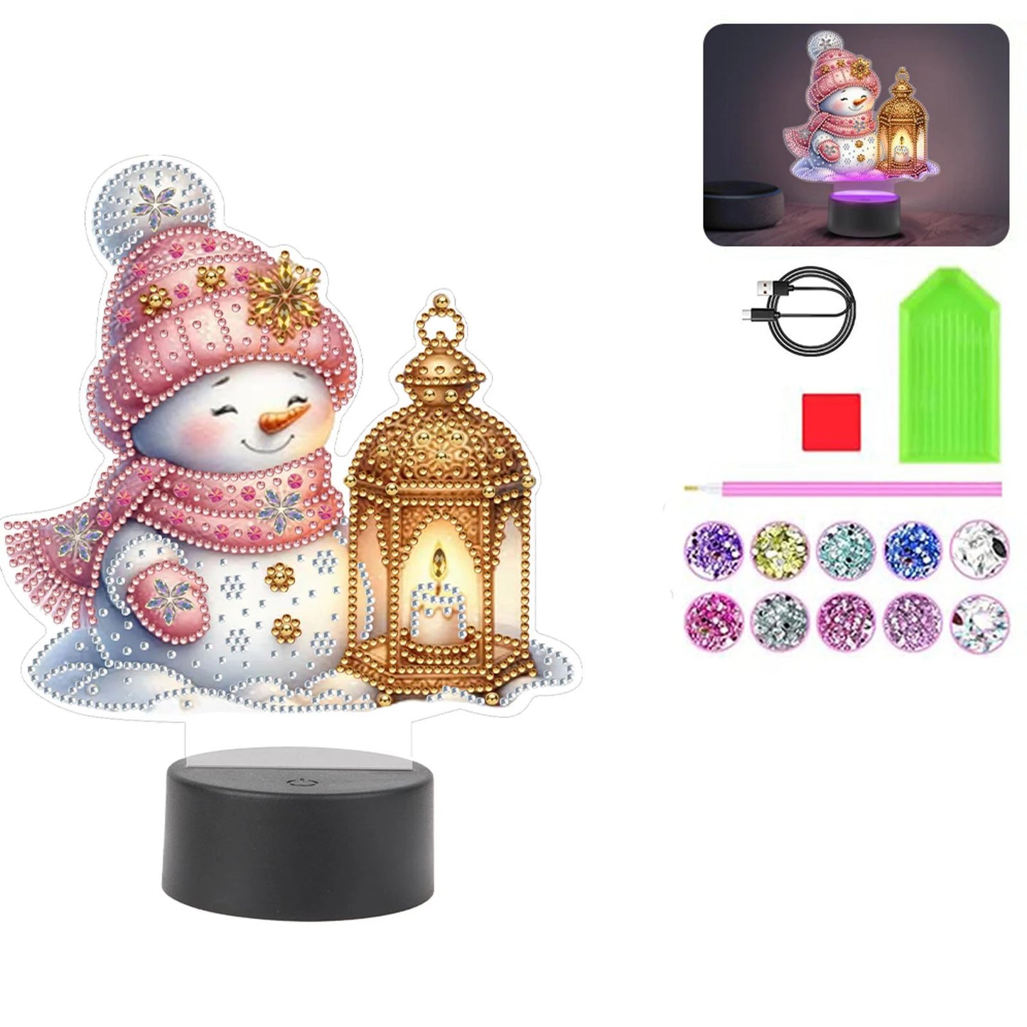 Acrylic Double Sided Christmas Snowman Diamond Painting Bedside Lamp