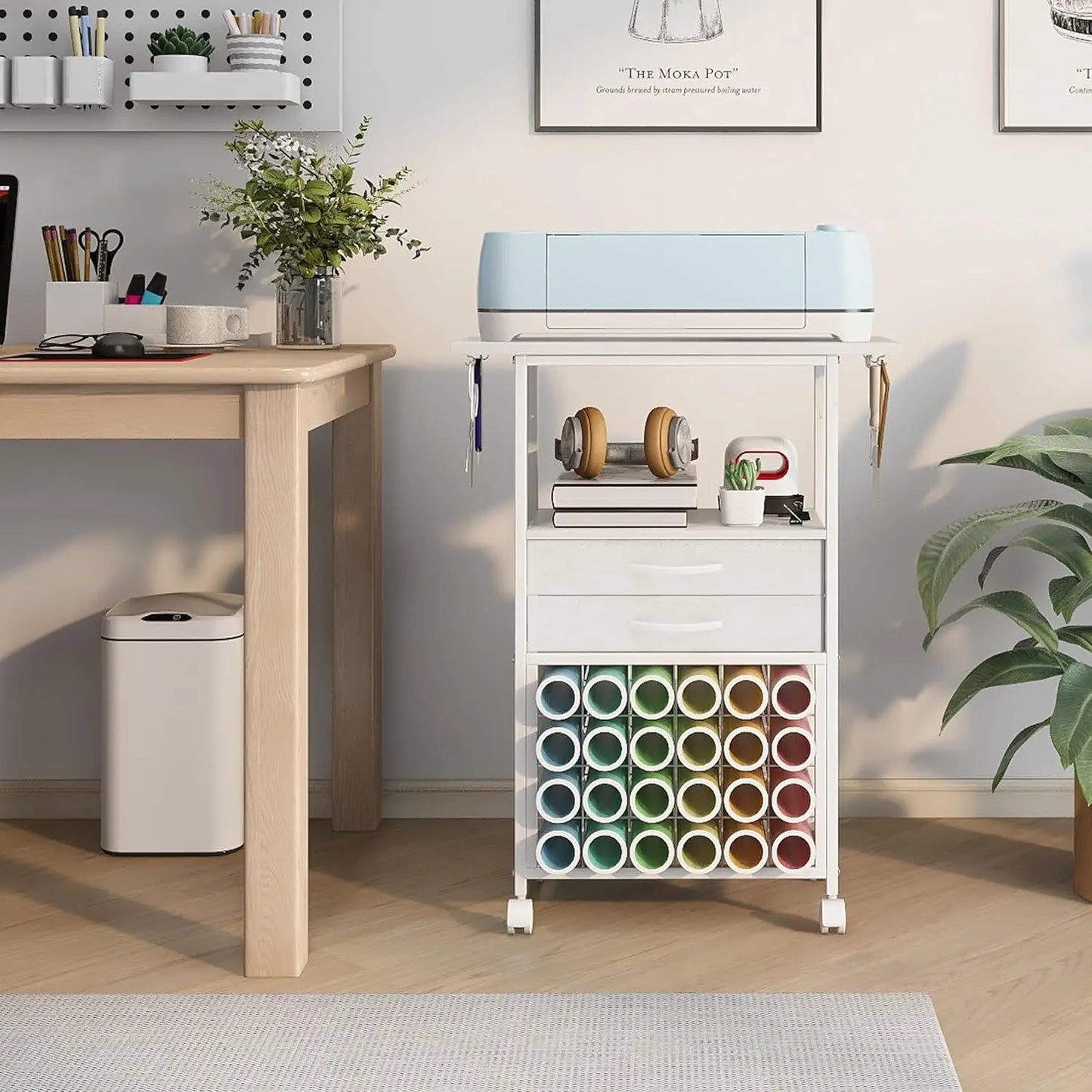 Craft Room Storage Cart with 24 Vinyl Roll Holders, Fabric Drawers, Tool Hooks for Cricut Machines - White Organizer Stand