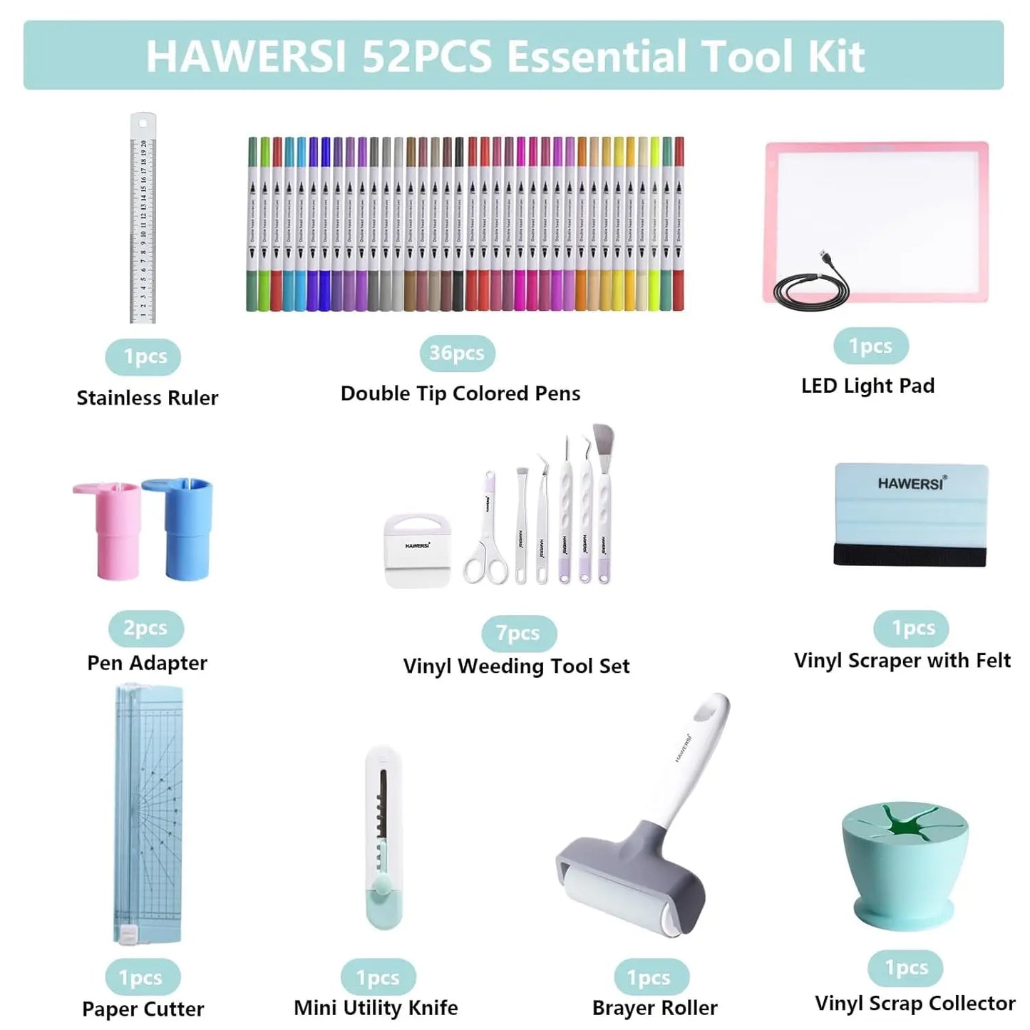 52Pcs Craft Tools Set for Cutting Machine, Vinyl Weeding, Paper Cutter, Light Pad & Accessories Bundle