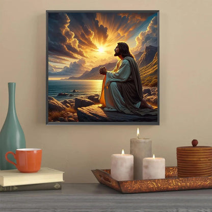Jesus Christ Prayer Diamond Art Kit for Adults, Sunset Landscape DIY Round Full Drill Painting Home Decor 13.8x13.8in
