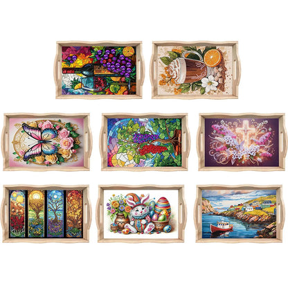Diamond Art Painting Wooden Serving Tray with Handle Wooden DIY Diamond Painting Tray Kit for Home Dining and Parties