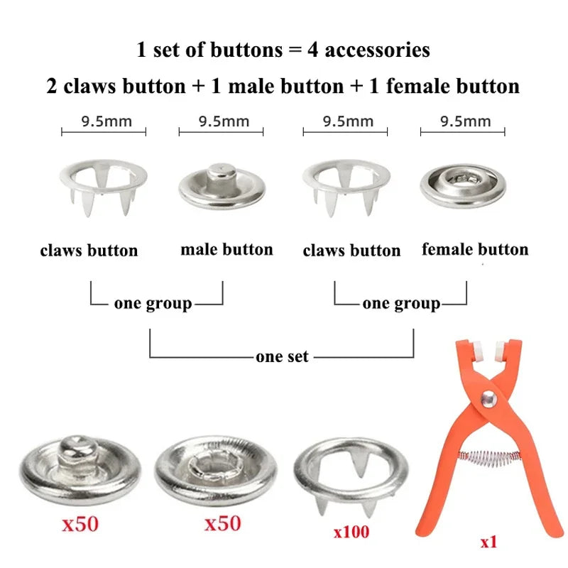 Plier Tool+50/100 Set Metal Sewing Buttons Hollow Solid Five-claw Buckle Metal Snap Buttons for Installing Clothes DIY Craft