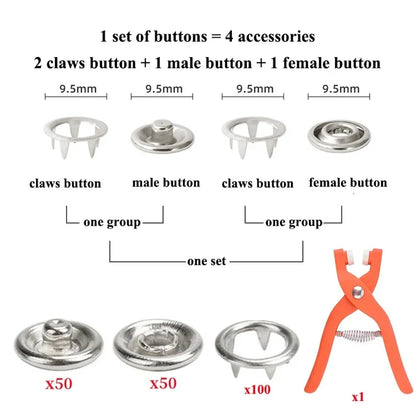 Plier Tool+50/100 Set Metal Sewing Buttons Hollow Solid Five-claw Buckle Metal Snap Buttons for Installing Clothes DIY Craft