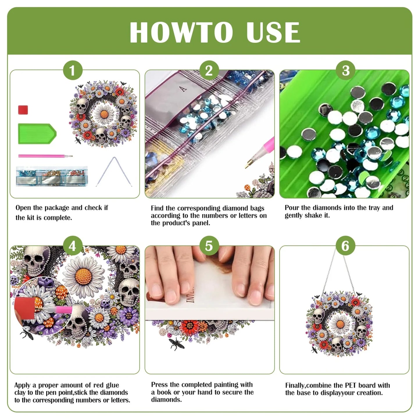 2D Flat Acrylic DIY Skull Wreath Hanging Diamond Art Kits Wall Door Decoration