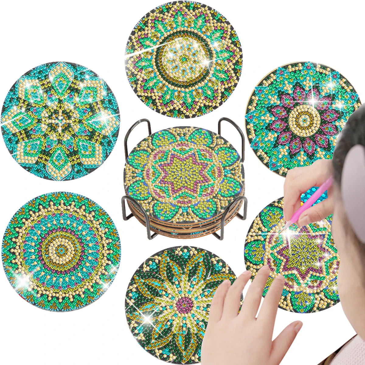 6Pcs DIY Diamond Painting Coasters Mandala Flowers 5D Full Drill Diamond Art Non Slip Coasters with Holder Ideal Christmas Gift
