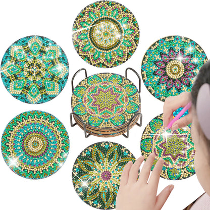 6Pcs DIY Diamond Painting Coasters Mandala Flowers 5D Full Drill Diamond Art Non Slip Coasters with Holder Ideal Christmas Gift