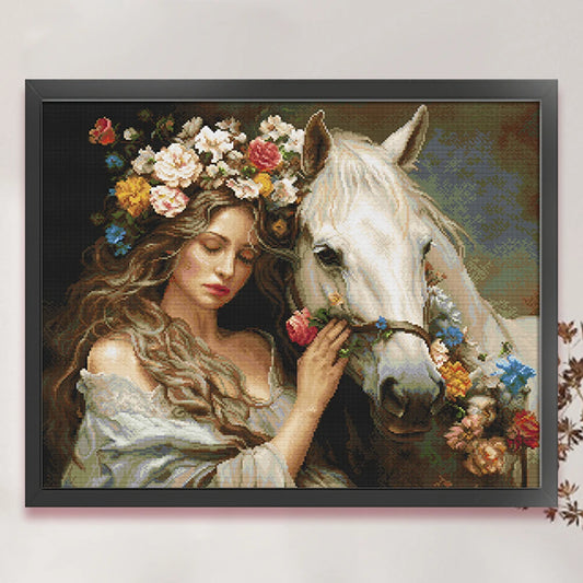Full Embroidery cotton Thread 11CT Printed Girl Horse Cross Stitch 74x61cm